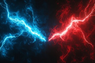 Two red and blue lightning bolts striking against a dark stormy sky at night