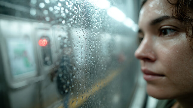 Woman in subway staring through rain-soaked window. - Powered by Adobe