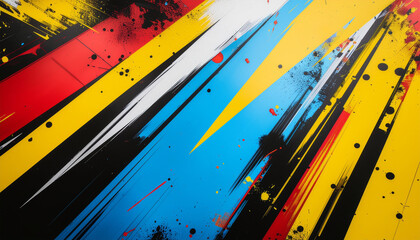 Vivid abstract artwork with bold diagonal streaks, splashes, and drips in red, yellow, blue, black, and white, creating intense motion, contrast, and textured energy.