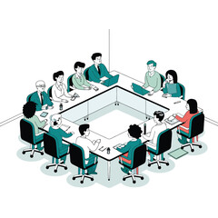A group of outlined style business people men and women attending a corporate business meeting sitting around a square conference table