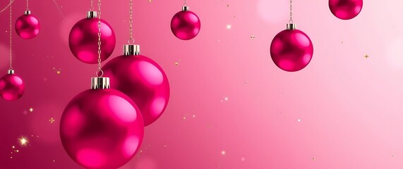 Shiny pink christmas ornaments hanging in a festive arrangement
