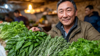 Farmer selling fresh herbs and greens at a local market.