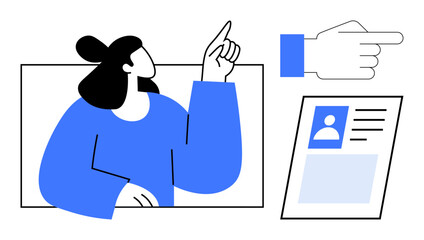 Identity verification concept. Identity verification process with a profile card, a gesturing hand emphasizing action, and a person. Identity verification for onboarding, applications, security, HR