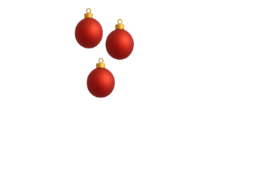 Three glossy red baubles placed as simple festive border accent on transparent background.