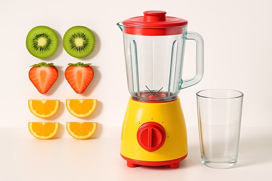 Yellow and red kitchen blender with fresh fruit ingredients and empty glass on white background, healthy smoothie concept