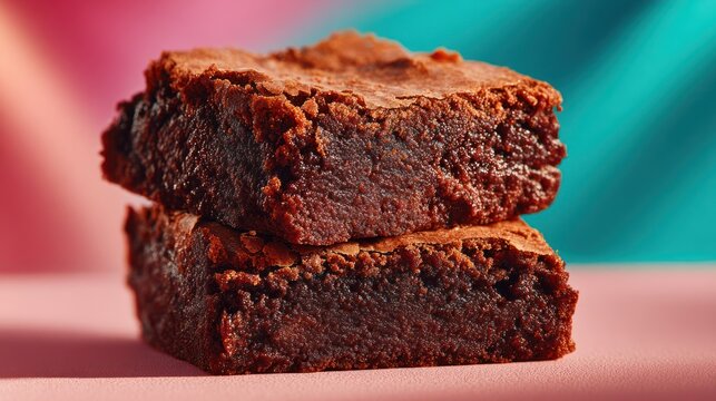 Two decadent chocolate brownies stacked, close up, against a colorful abstract background