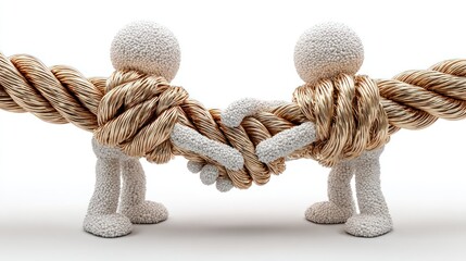 Two 3D-rendered figures shake hands made of rope, illustrating collaboration and unity