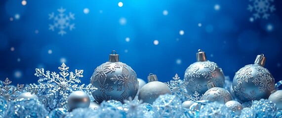 Sparkling christmas ornaments and snowflakes on a blue background