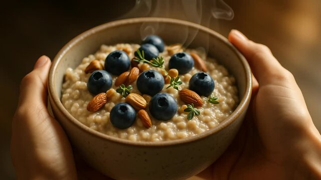 Warm bowl of oatmeal with blueberries and nuts for healthy breakfast, promoting longevity and nutritious lifestyle through technology