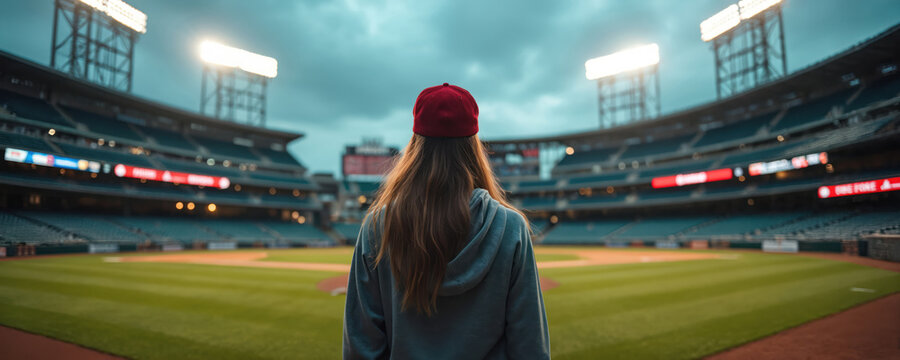 Woman in red cap stands on empty baseball field, looking at stadium seats. Lights shine on green grass diamond. Outdoor sport venue before game begins.