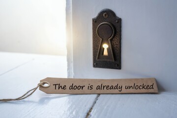 A door with a keyhole and a tag that says the door is already unlocked