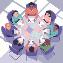 Top-down view of a business meeting with multiple diverse professionals sitting around a large round table, reviewing documents and discussing strategies in an office
