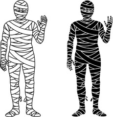 Mummy character raising hand. Ancient egyptian monster outline silhouette