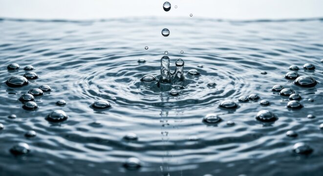 Water drop creating ripples on a calm blue surface, bubbles visible