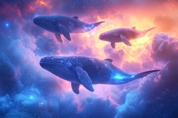 Fototapeta premium Three whales swimming in a clear blue sky above the ocean waves with soft white clouds