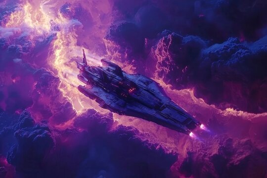 Spaceship traveling through colorful nebula in deep space with stars and cosmic clouds