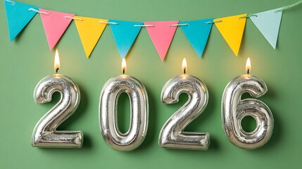 New year 2026 celebration with silver balloons and colorful triangular