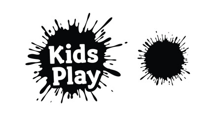 Black ink splatters with the words kids play and a circular design