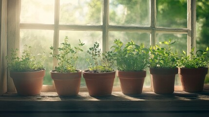 Window with variety of fresh herbs including basil parsley and rosemary in natural light