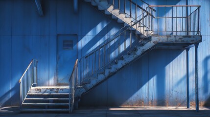 A galvanized steel stairs against a blue metal wall