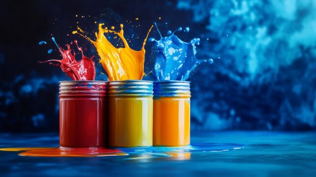 Two jars of paint with colorful splashes on surfaces in artistic arrangement