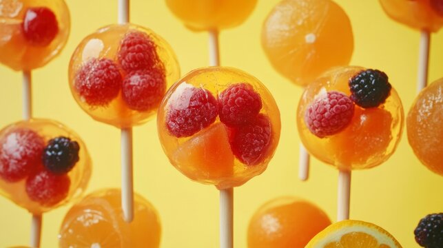 Bunch of orange fruits with raspberries and lemon on a wooden surface