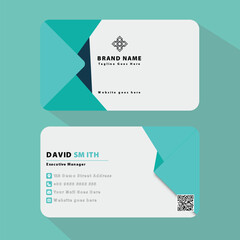 Modern and professional business card design with teal geometric accents and qr code for contact information