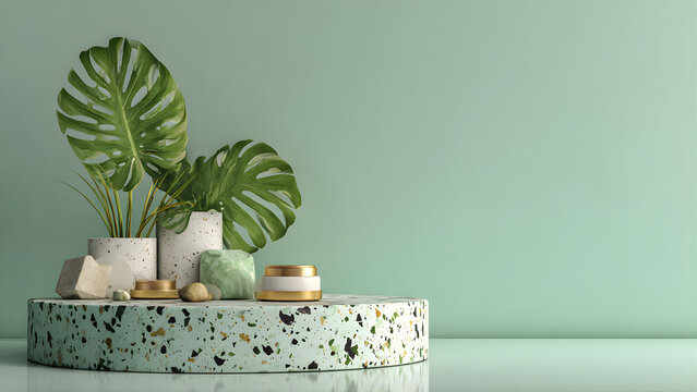 
Terrazzo podium, Cosmetic display product stand with nature leaves on green mint background. 3D rendering