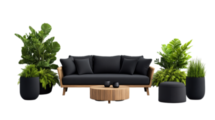 Garden furniture set with plants on transparent background