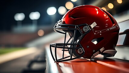 American football helmet resting on bench with dramatic stadium lighting in the background.