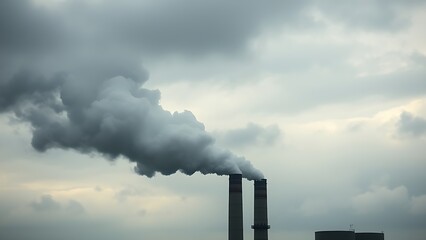 Industrial smokestacks releasing vapor into a cloudy sky, conveying an environmental message with muted tones.