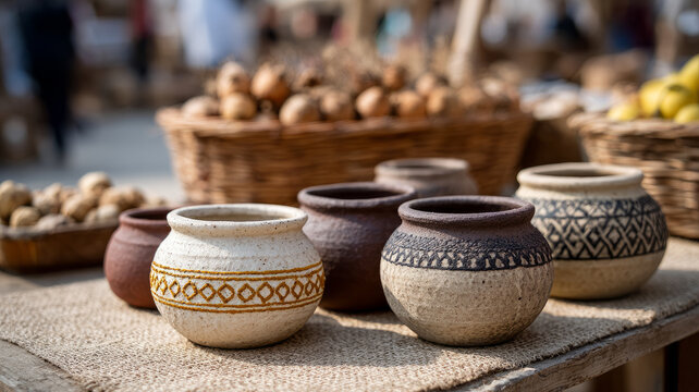 Rustic pottery displayed at a market with baskets in background.