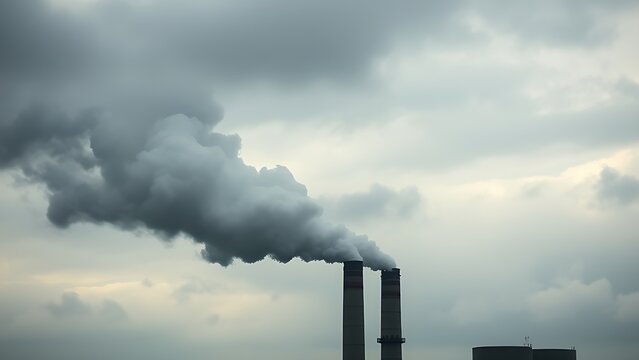 Industrial smokestacks releasing vapor into a cloudy sky, conveying an environmental message with muted tones.
