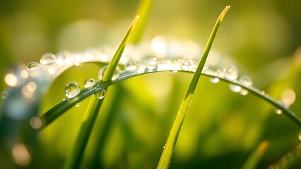 Morning dew glistens on tender grass blades, capturing the freshness of a spring day.