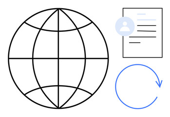 Globe with gridlines, user profile on a document, and cycle arrow. Ideal for networking, user data, profile management, global access, workflow, system updates simple flat metaphor