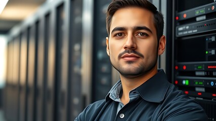 An IT technician in a data center, working among server racks.