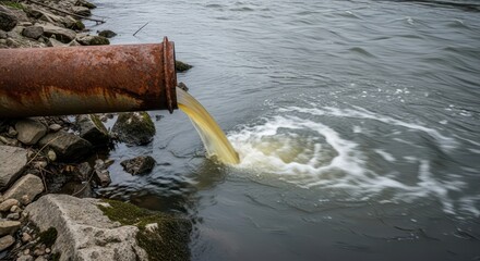 Rusty pipe leaking wastewater into river during pollution event  