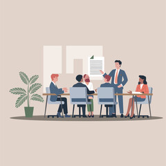 Business team collaborating on project in modern conference room professional managers meeting in office discussing company strategy with documents on wall