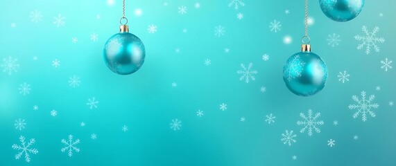 Turquoise christmas ornaments hang against a soft blue background with snowflakes