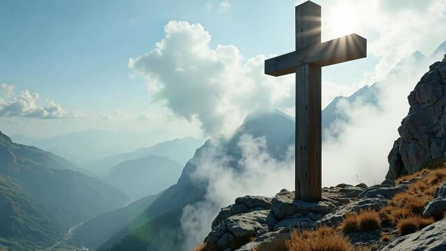 Inspiring Christian Easter Worship Video Background Loop: Majestic Wooden Cross on Rocky Mountain Peak with Bright Backlight and Drifting Clouds