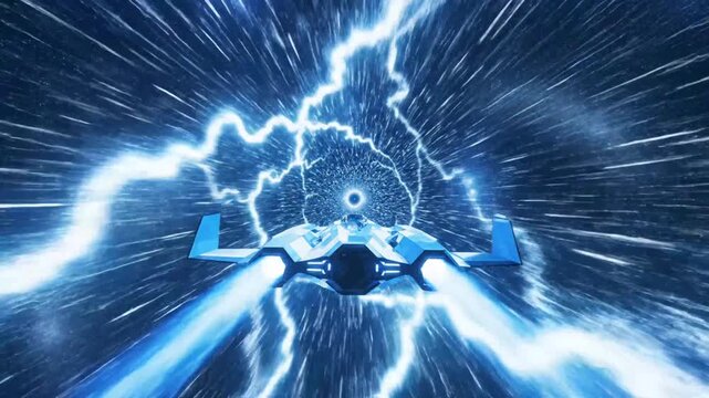 Spaceship races through electrifying interdimensional gateway