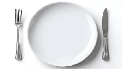 
Blank white plate mockup with fork and knife, side view isolated, 3d rendering. Clear dish with cutlery design mock up. Empty restaurant table ware template.