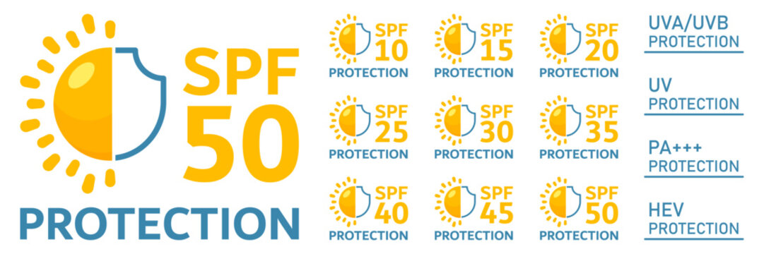 SPF 50 icon set collection in flat style. UV protection vector illustration on isolated background. Sunscreen sign business concept.
