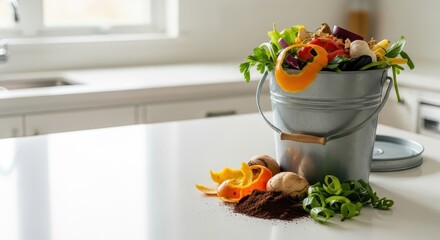 Compost bucket filled with vegetable scraps on kitchen countertop