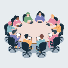 Diverse group of professionals engaged in a round table discussion in a spacious meeting room, all utilizing tablets for notes and presentations