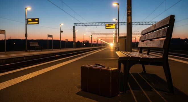 Old suitcase on a quiet train station platform at dusk