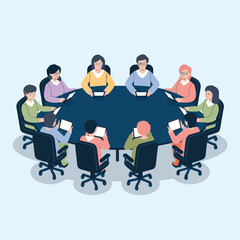 Ten business professionals gathered around a large oval table in a corporate conference room, actively engaging in a meeting with tablets