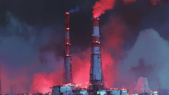 Environmental Threat: Industrial chimneys spew plumes of smoke into the sky, symbolizing pollution and environmental degradation, a stark reminder of the consequences of industry on the planet.