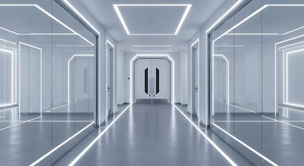 Fototapeta premium Brightly lit futuristic corridor with sleek white walls and glowing light strips, creating a sterile high-tech facility interior.