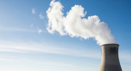 Cooling tower emitting vapor against a blue sky illustrating ecology  